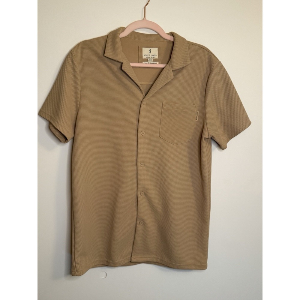 Scott James Tan Textured Waffle Knit Camp Shirt Size M Short Sleeve
